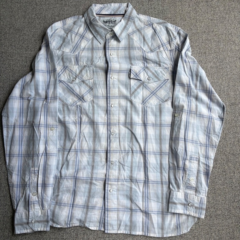 Levi Strauss Shirt Mens Large Blue Plaid Western Pearl Snap Long Sleeve Cotton